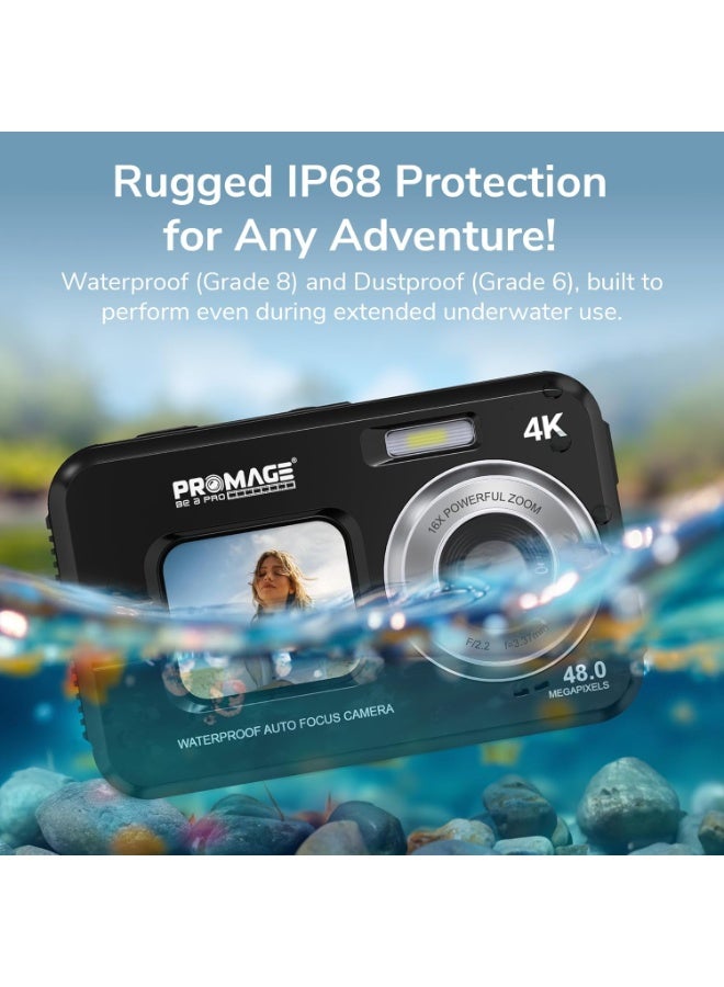 برو ميج كاميرا رقمية PROMAGE PC150 مقاومة للماء 4K أسود - كاميرا مدونات فيديو بدقة 48 ميجابكسل فائقة الوضوح بشاشتين مع شاشات IPS أمامية وخلفية، تقريب 16X، تركيز تلقائي وحقيبة حمل سوليباج - Image 3