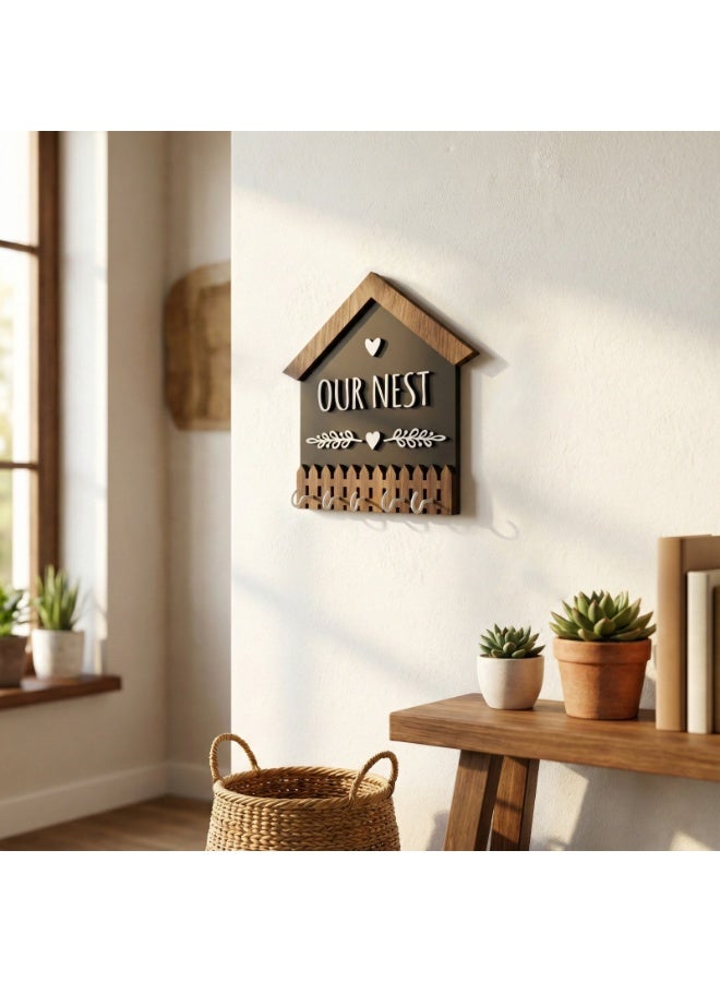 علاقة مفاتيح للمنزل من الخشب مميزة بعبارة Our Nest, بالون اسود و بني بمقاس 32*32 مصنوع من خشب MDF أسباني فاخر بسمك 8 ملم ليضفي الي منزلك الجمال و الاناقة - Image 2