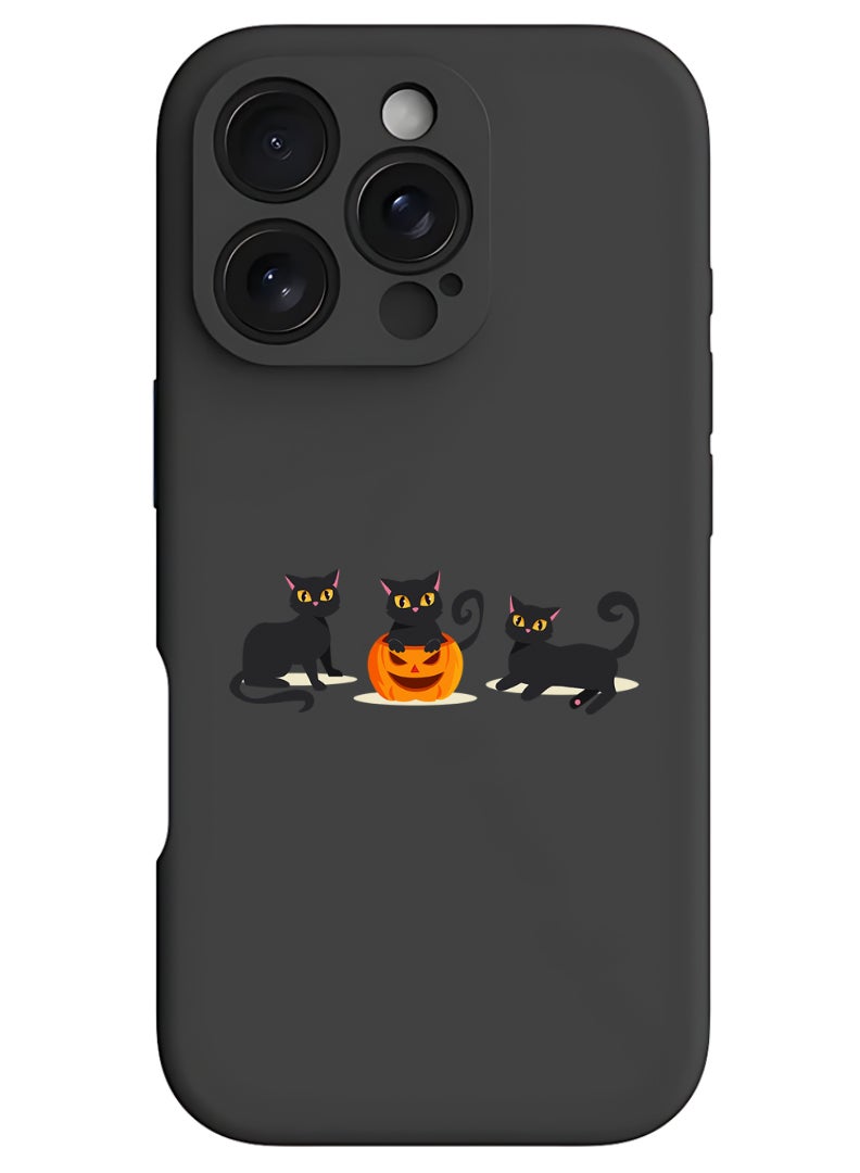 Theodor iPhone 16 Pro Max Black Protective Slim Fit Case Liquid Silicone Cover with Full Body Protection Anti-Scratch Shockproof Case For iPhone - Cats Pumpkin Halloween2-01 - Image 1