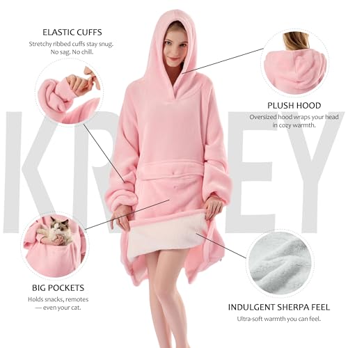 Krifey Wearable Blanket Hoodie, Oversized Sherpa Fleece Sweatshirt with Giant Pocket, Birthday Gifts for Women, Mom, Sister, Pink - Image 4