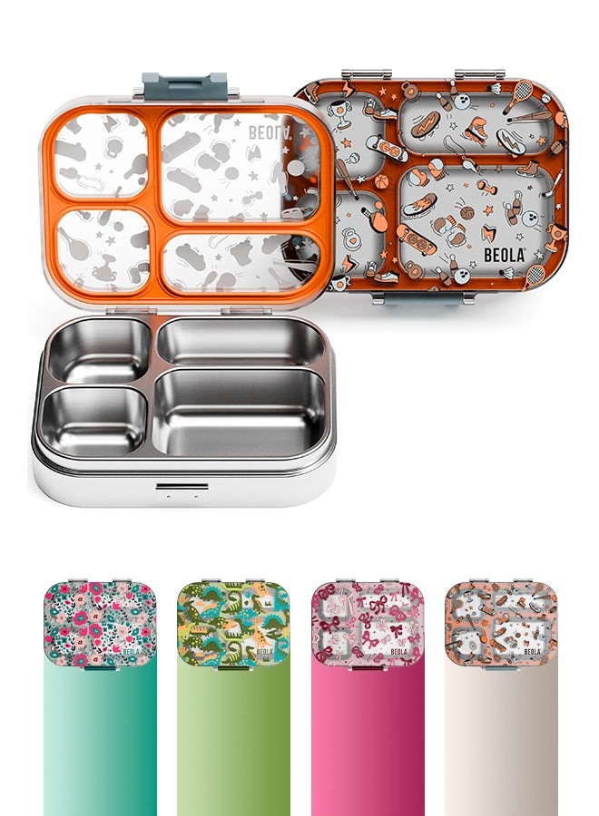 BEOLA BEOLA Stainless Steel Lunch Box for Kids School, 4 Compartment Bento Box for Kids, BPA Free Tiffin with Lid, Leakproof Meal Container, Perfect as Snack Box, Lunchbox for Boys (Sports Day) - Image 1
