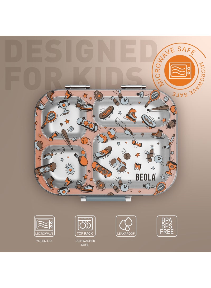 BEOLA BEOLA Stainless Steel Lunch Box for Kids School, 4 Compartment Bento Box for Kids, BPA Free Tiffin with Lid, Leakproof Meal Container, Perfect as Snack Box, Lunchbox for Boys (Sports Day) - Image 2