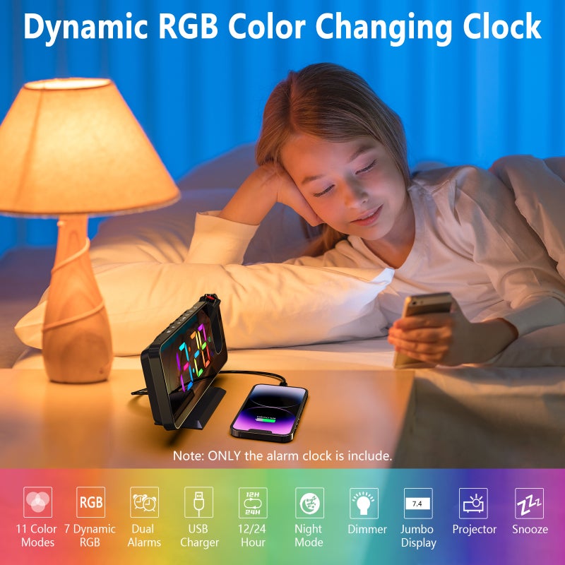 Digital 180°Projection Alarm Clock with Dynamic RGB Light Brightness Adjustable Snooze Dual Alarm Setting USB Charger Port Mirror Clock for Bedroom 12H/24H - Image 3