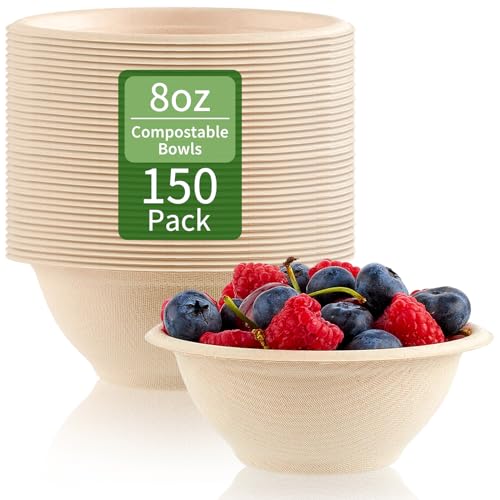 ZORRITA 150 Pack 8 oz Paper Bowls Disposable Compostable Soup Bowls Natural Sugarcane Biodegradable Bowls for Ice Cream, Desserts, Pet Food - Image 1