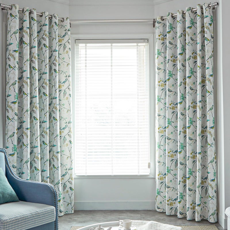 VOGOL Linen Grommet Curtains Birds and Flower Print Window Panels for Bedroom Living Room, One Panel, 52x63, Green - Image 1