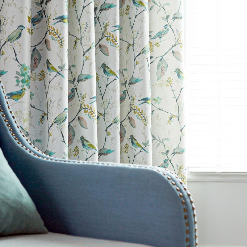 VOGOL Linen Grommet Curtains Birds and Flower Print Window Panels for Bedroom Living Room, One Panel, 52x63, Green - Image 3
