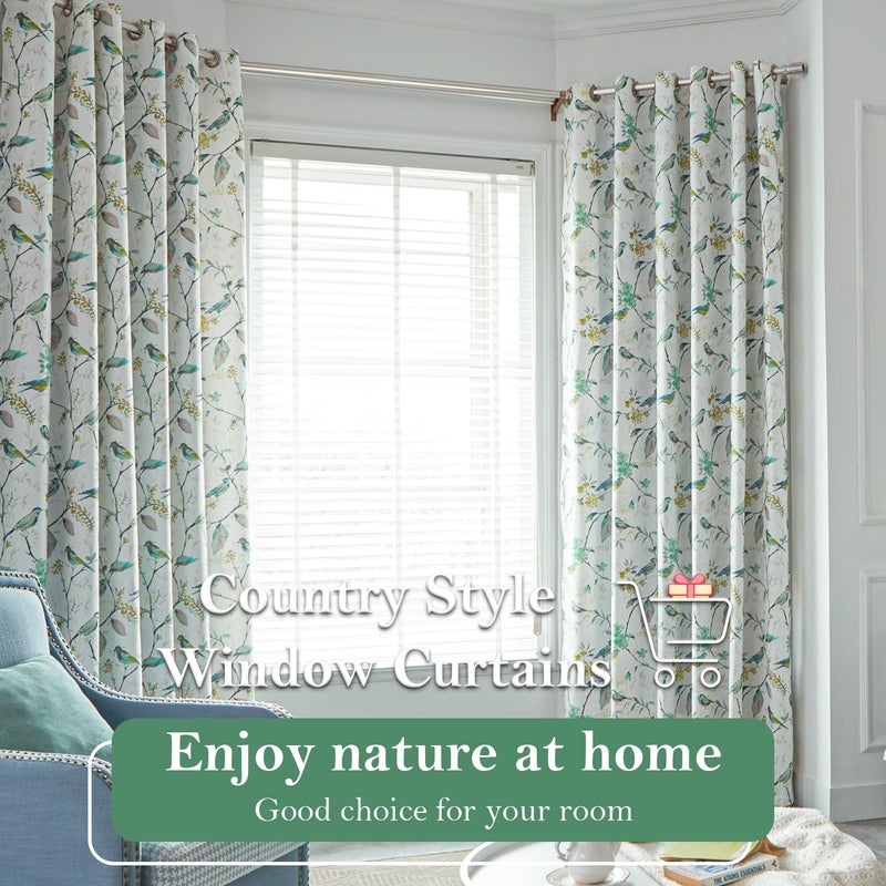 VOGOL Linen Grommet Curtains Birds and Flower Print Window Panels for Bedroom Living Room, One Panel, 52x63, Green - Image 2