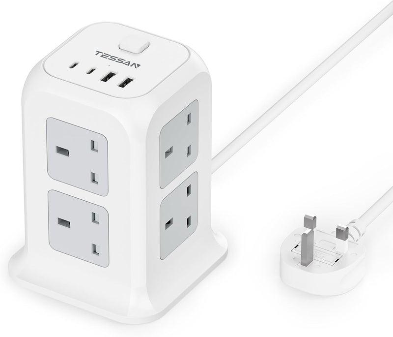 TESSAN Tower Extension Lead 4 USB Slots (2 USB C), Extension Lead 13A 3250W, 8 Way Multi Plug Socket Power Strip with Switch, Multiplug Adaptor with 2M Cable for Home, Office, School - Image 1