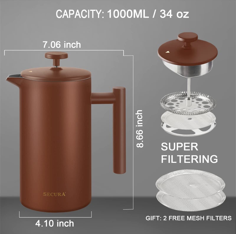 Secura French Press Coffee Maker, 304 Grade Stainless Steel Insulated Coffee Press with 2 Extra Screens, 34oz (1 Litre), Coffee - Image 3