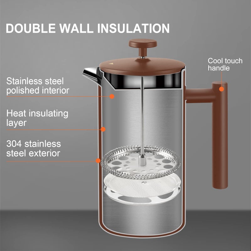 Secura French Press Coffee Maker, 304 Grade Stainless Steel Insulated Coffee Press with 2 Extra Screens, 34oz (1 Litre), Coffee - Image 5