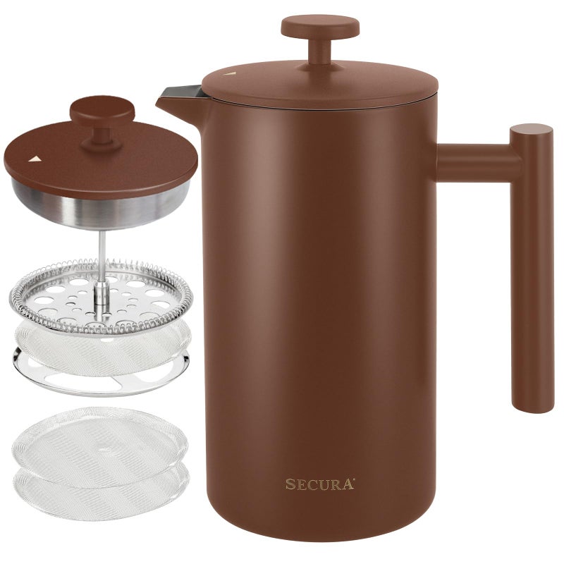 Secura French Press Coffee Maker, 304 Grade Stainless Steel Insulated Coffee Press with 2 Extra Screens, 34oz (1 Litre), Coffee - Image 1