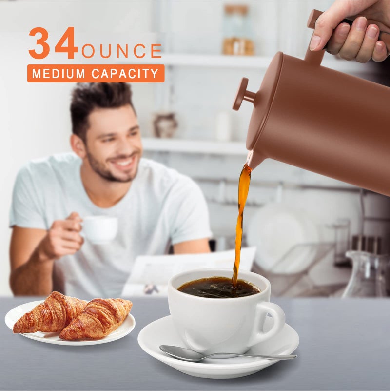Secura French Press Coffee Maker, 304 Grade Stainless Steel Insulated Coffee Press with 2 Extra Screens, 34oz (1 Litre), Coffee - Image 2