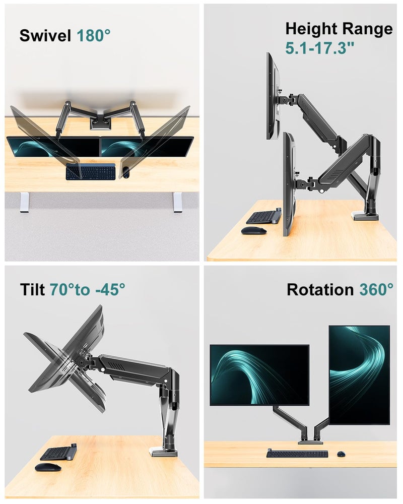 MOUNT PRO Dual Monitor Arm Desk Mount Fits 13 to 32 inch Computer Screens, Holds 4.4 to 22lbs Display VESA Mount, Adjustable Double Monitor Stand with Clamp/Grommet Base, 75/100mm Bracket, Black, Freelift - Image 3
