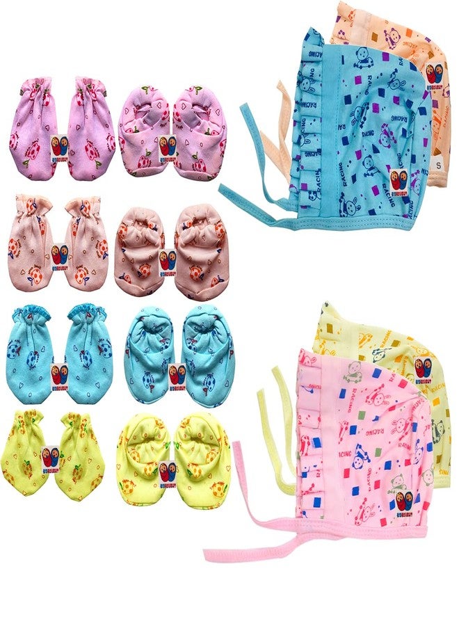 BIGBOUGHT Born Baby Care Combo Hand Mittens (4 Pair) Leg Booties (4 Pair) and Cap 4 Piece (Assorted) - Image 1