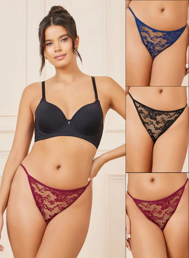 Styli Pack of 3 - All Over Floral Lace Thong