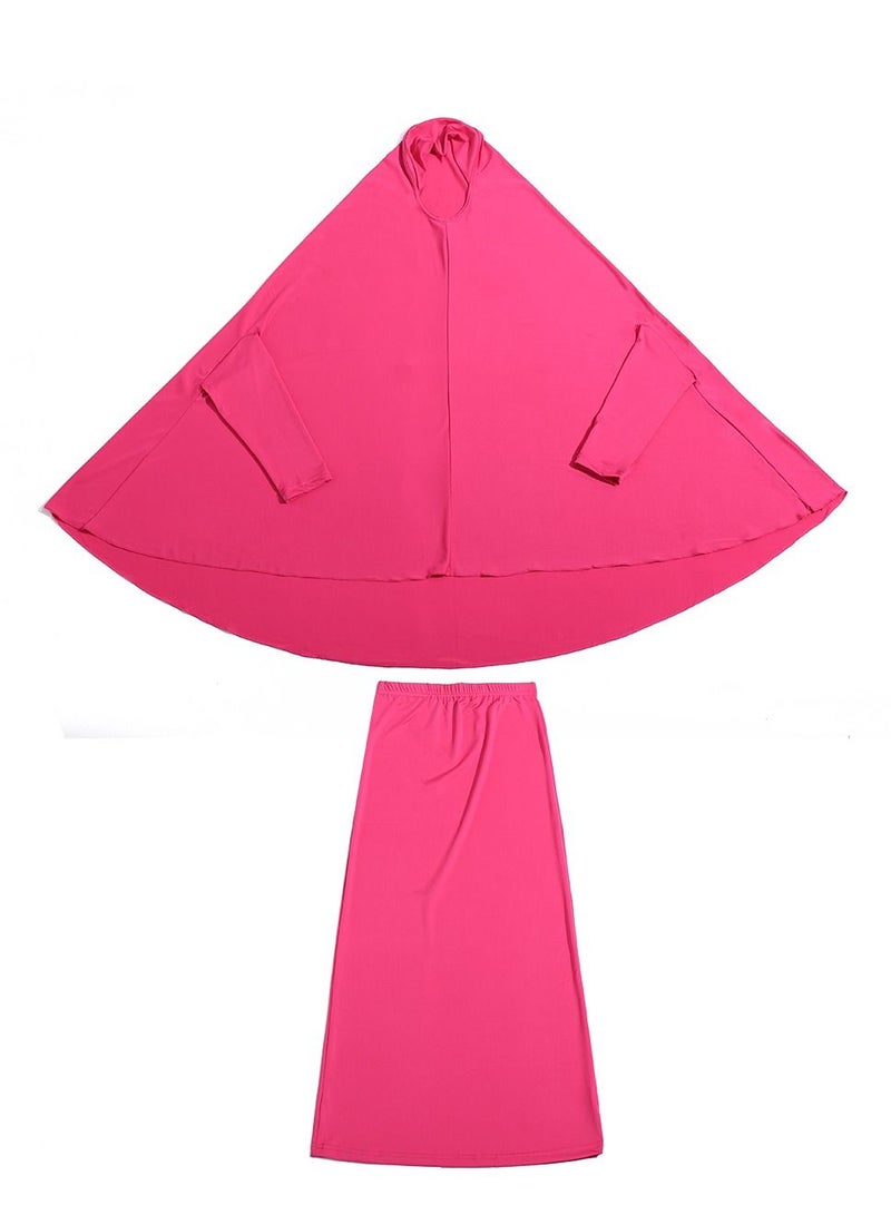 إسكدنيا Girl's Traditional 2-Piece Set Solid Color Abaya Robe And Skirt Suit Rose Pink