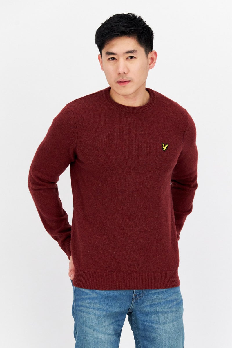 Lyle & Scott Men Crew Neck Embroidered Logo Knitted Sweater, Burgundy - Image 1