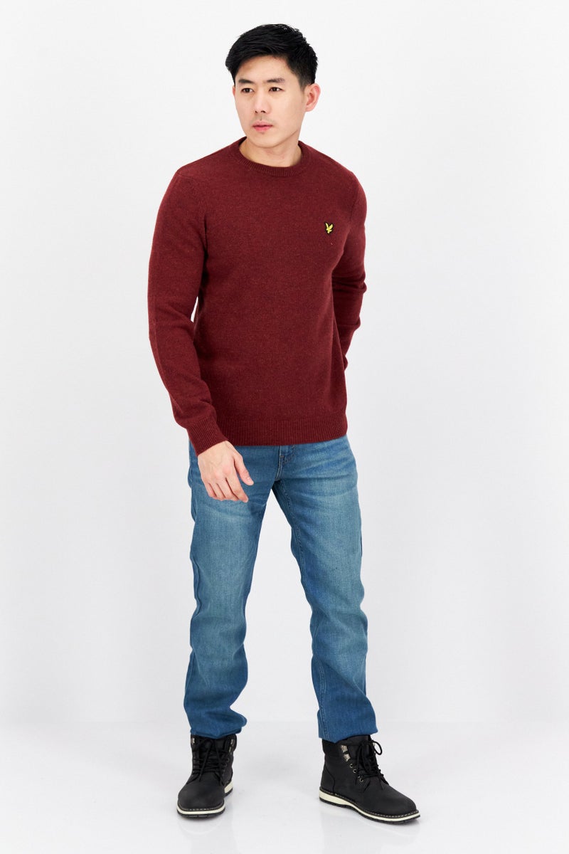 Lyle & Scott Men Crew Neck Embroidered Logo Knitted Sweater, Burgundy - Image 4