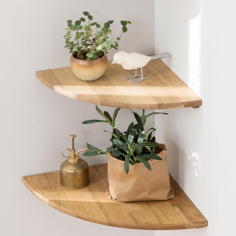 Corner Shelves Floating Corner Shelf Set of 2 12inch Solid Oak Wood Wall Shelves Round End Wall Mount Display Shelf with Wire Hole for Bedroom Kitchen Living Room