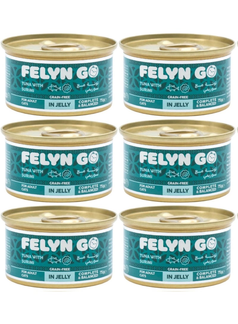Felyn GO Premium Tuna with Surimi Wet Food for Adult Cats in Jelly – High-Protein Ocean Blend, Grain-Free, Complete & Balanced Nutrition – 75g Cans (Pack of 6) - Image 1