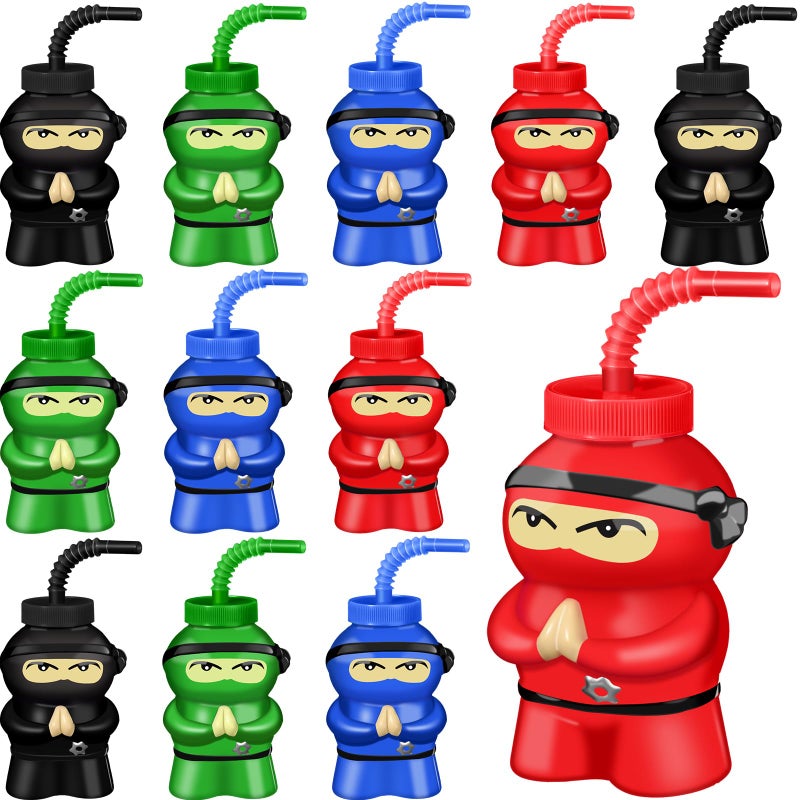 Layhit 12 Pcs Ninja Birthday Supplies Party Favor Cups 10 oz Ninja Plastic Cup Reusable Black and Red Cup Bulk for Kids Party FavorRed Black Blue Green - Image 3