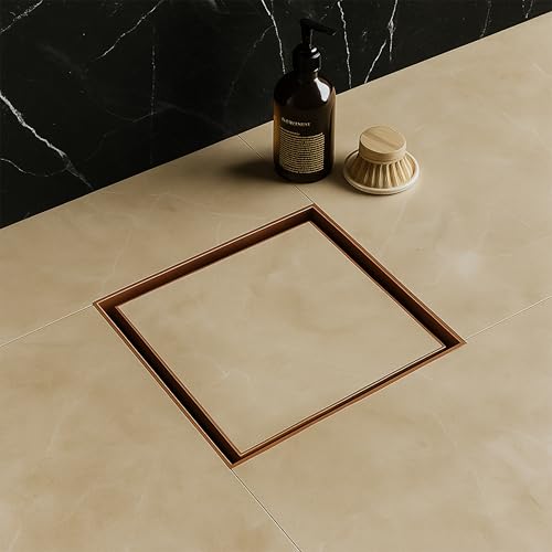 Ruhe® Tile Insert Floor Drain | 6 x 6 Inches Floor Drain for 13mm Tile | Rose Gold/Antique Copper PVD Finish | 304 Stainless Steel Invisible Shower Drain Channel with Cockroach Trap - Image 1
