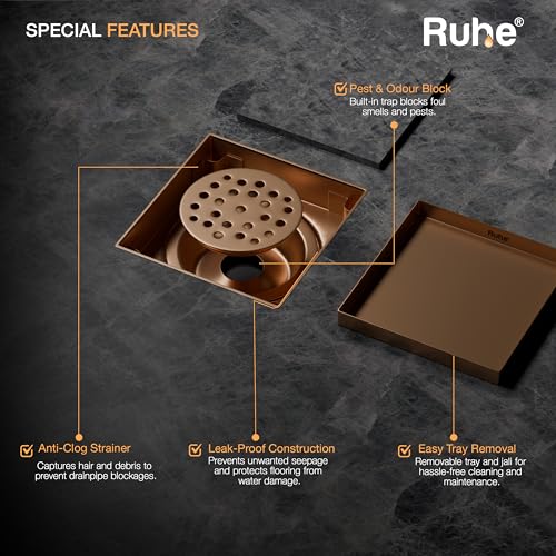 Ruhe® Tile Insert Floor Drain | 6 x 6 Inches Floor Drain for 13mm Tile | Rose Gold/Antique Copper PVD Finish | 304 Stainless Steel Invisible Shower Drain Channel with Cockroach Trap - Image 3