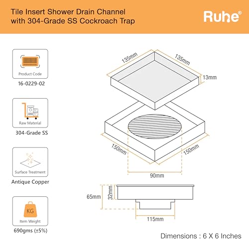 Ruhe® Tile Insert Floor Drain | 6 x 6 Inches Floor Drain for 13mm Tile | Rose Gold/Antique Copper PVD Finish | 304 Stainless Steel Invisible Shower Drain Channel with Cockroach Trap - Image 2