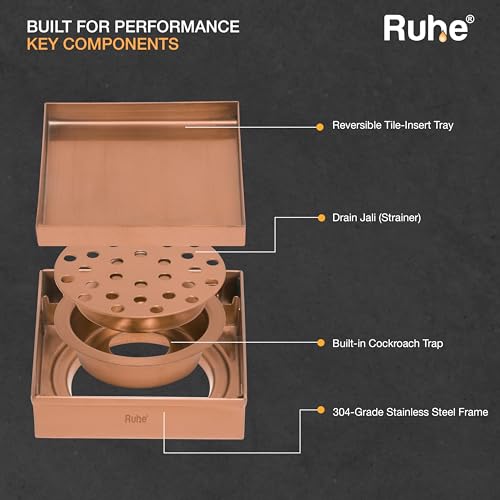 Ruhe® Tile Insert Floor Drain | 6 x 6 Inches Floor Drain for 13mm Tile | Rose Gold/Antique Copper PVD Finish | 304 Stainless Steel Invisible Shower Drain Channel with Cockroach Trap - Image 5