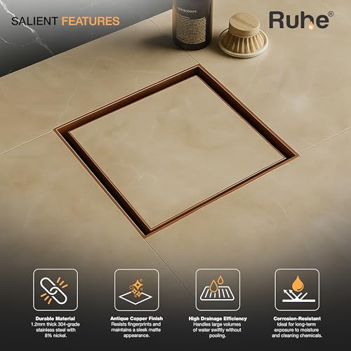 Ruhe® Tile Insert Floor Drain | 6 x 6 Inches Floor Drain for 13mm Tile | Rose Gold/Antique Copper PVD Finish | 304 Stainless Steel Invisible Shower Drain Channel with Cockroach Trap - Image 4