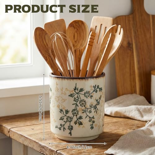 Teecyhooo Kitchen Ceramic Utensil Holder Rustic 55 Green Floral Utensil Crock for Countertop Tuscany Cooking Tools Storage Caddy for Spatula Spoon Farmhouse Decor Housewarming Gift - Image 3