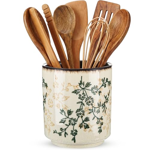 Teecyhooo Kitchen Ceramic Utensil Holder Rustic 55 Green Floral Utensil Crock for Countertop Tuscany Cooking Tools Storage Caddy for Spatula Spoon Farmhouse Decor Housewarming Gift - Image 1