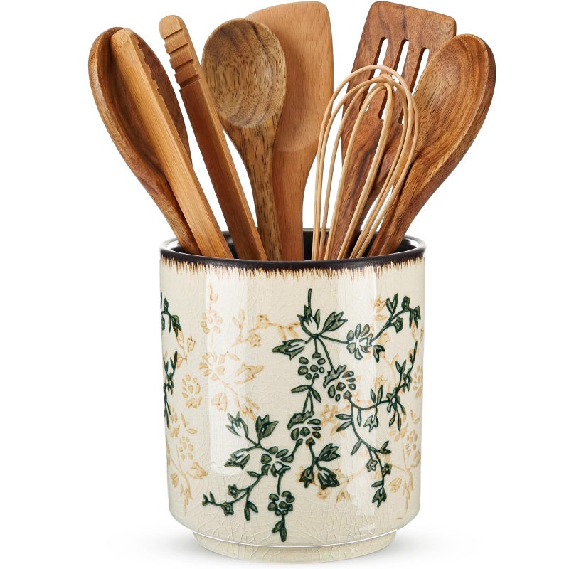 Teecyhooo Kitchen Ceramic Utensil Holder Rustic 55 Green Floral Utensil Crock for Countertop Tuscany Cooking Tools Storage Caddy for Spatula Spoon Farmhouse Decor Housewarming Gift - Image 2
