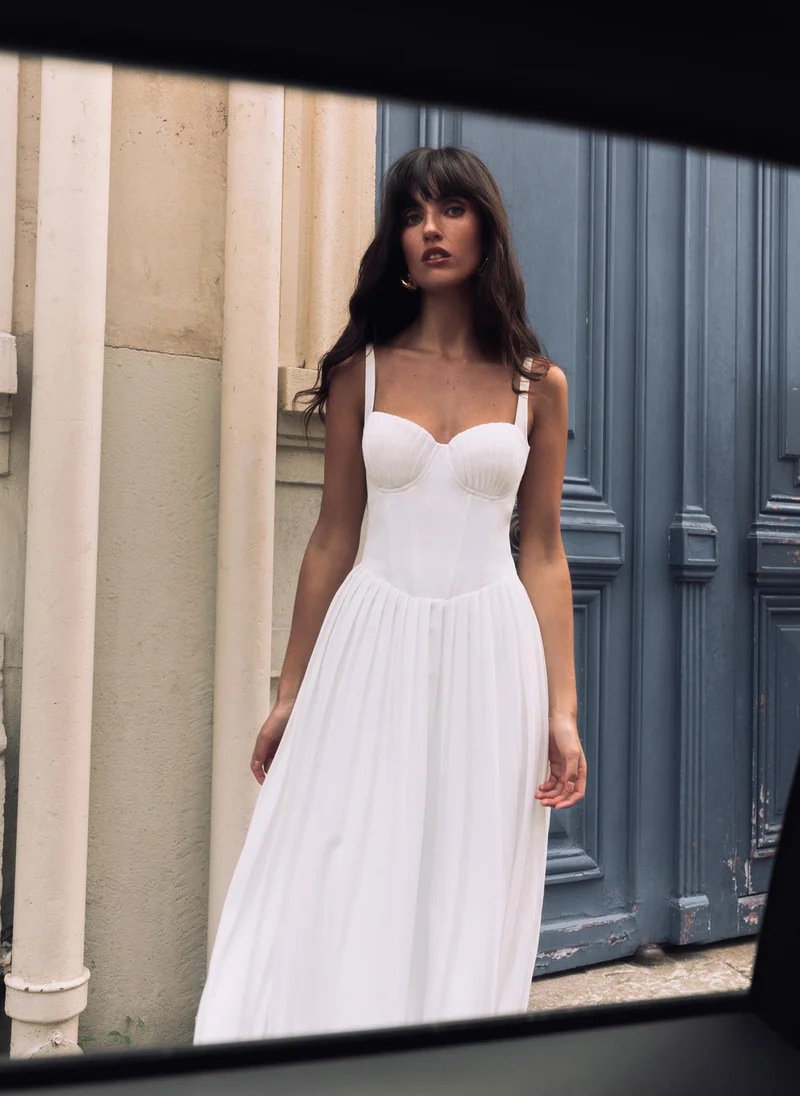 Lichi Midi dress with creased bodice and pleated skirt