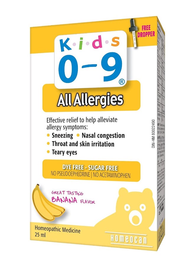 Homeocan Kids 0-9 All Allergies Alleviate Allergy Symptoms Sneezing Nasal Congestion and Skin Irritation Banana Flavors 25 ml  - Image 1