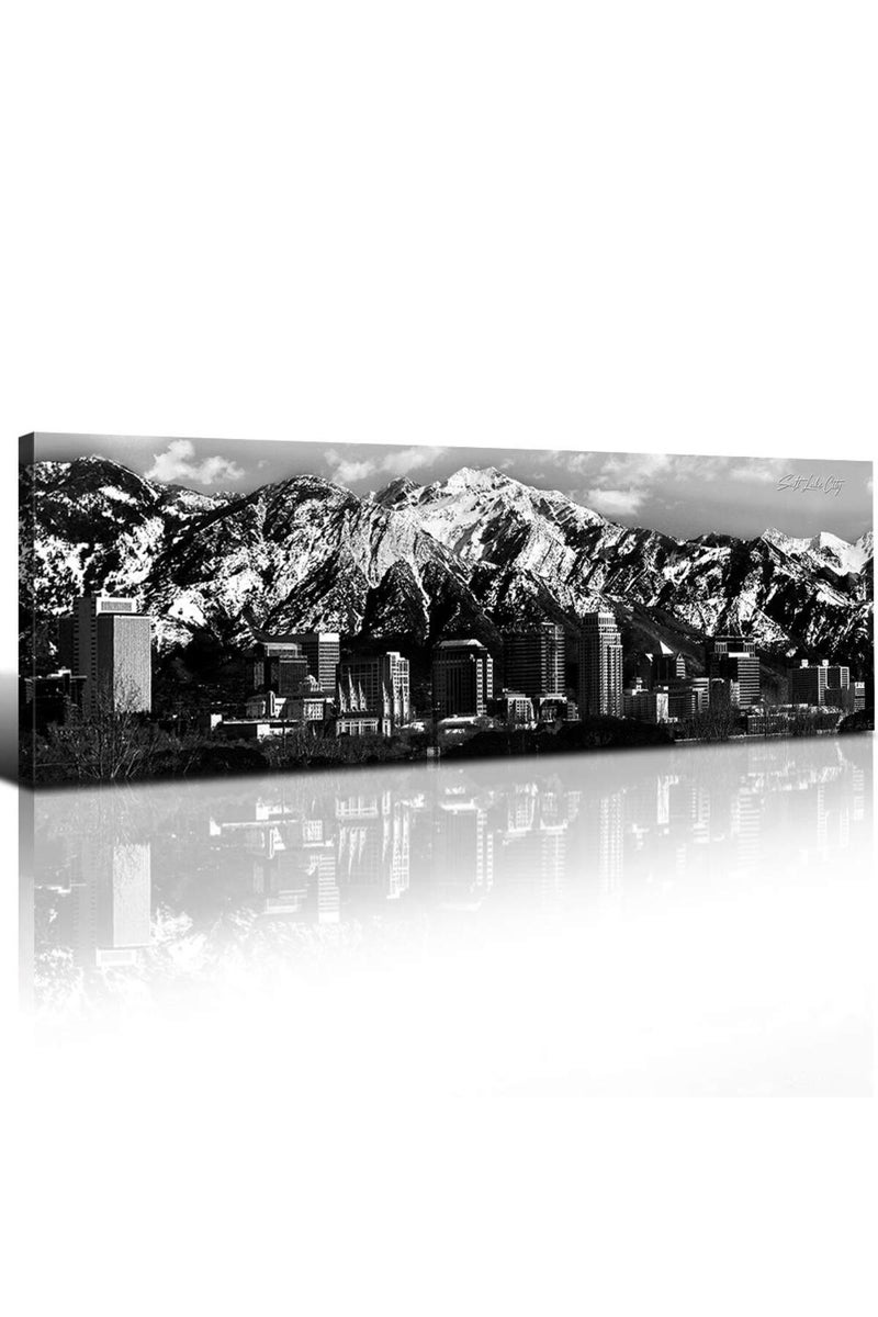sunfrower ALAYRA Salt Lake City Wall Art Bedroom Utah Decor Black and White Wasatch Rocky Mountain Canvas Picture Snow Nature Landscape Poster Cityscape Panoramic Artwork for Living Room Office Home Decorations - Image 1