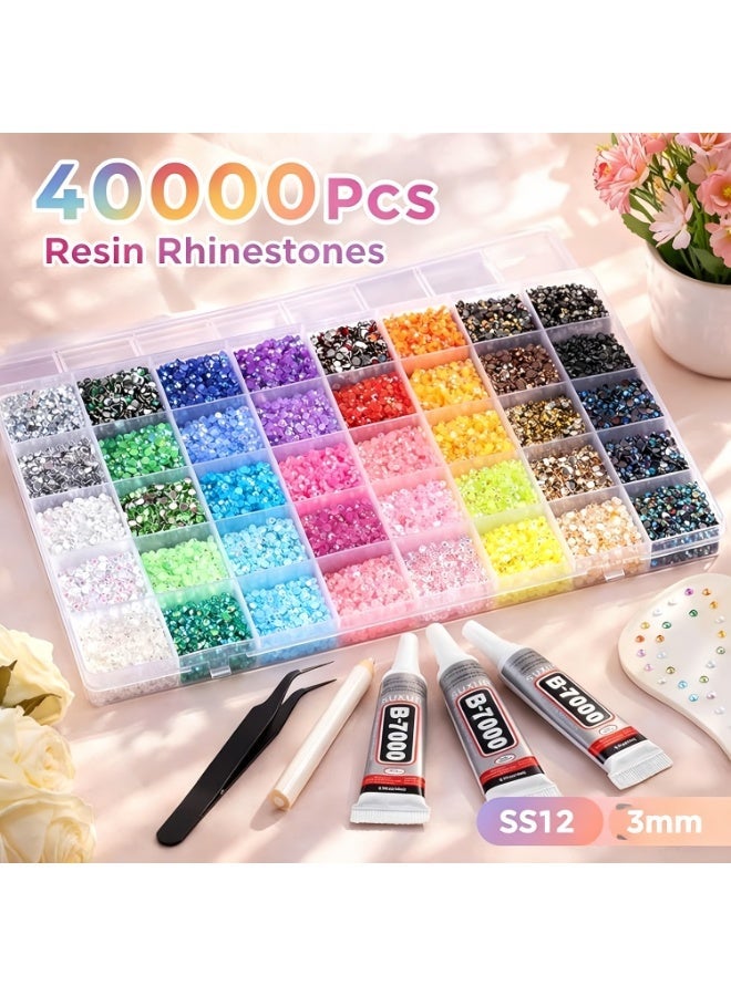 40000 Pcs Resin Jelly Rhinestones for Bedazzling, 40 Colors 3mm Flatback Gems for Crafting – Bedazzling Kit with 3Pcs B7000 Glue for Clothing, Shoes, Nail, Book, Diamond Art - Image 2