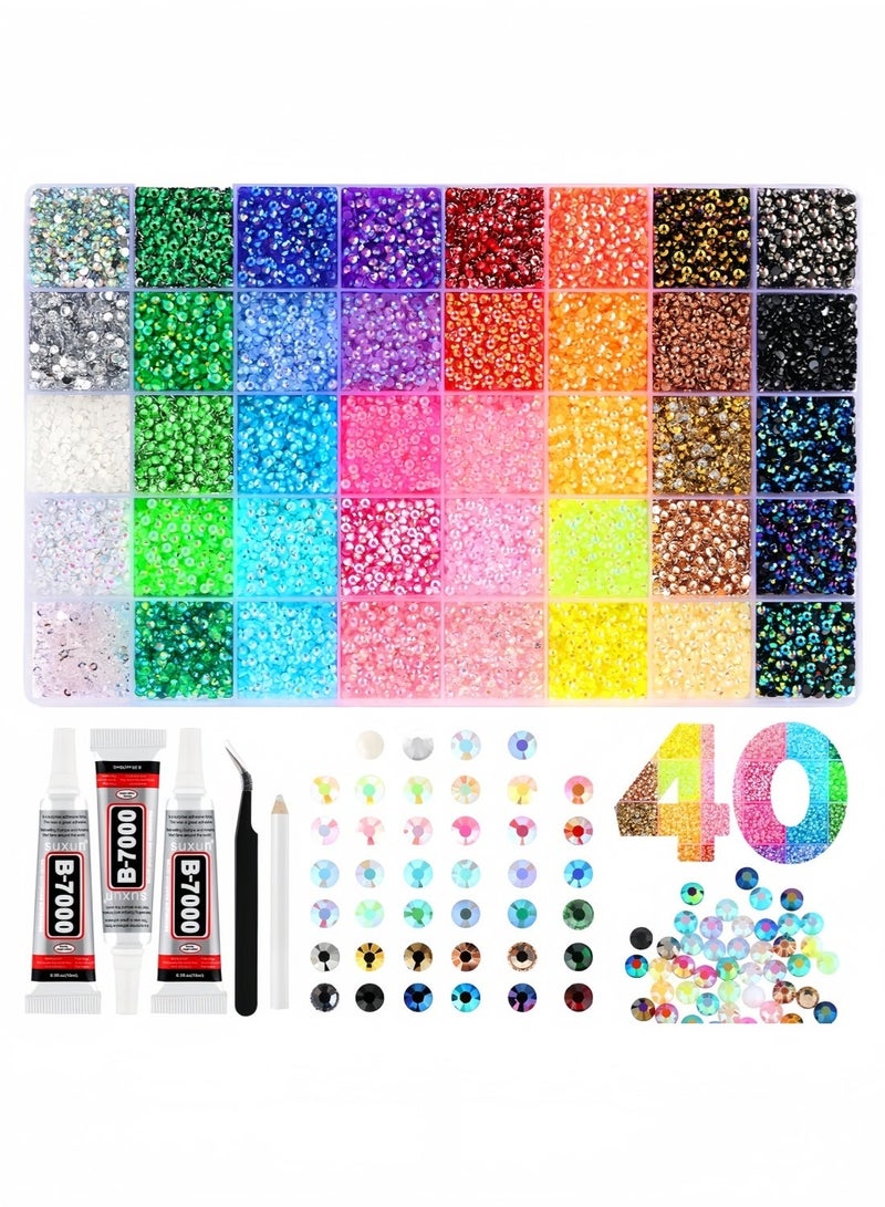 40000 Pcs Resin Jelly Rhinestones for Bedazzling, 40 Colors 3mm Flatback Gems for Crafting – Bedazzling Kit with 3Pcs B7000 Glue for Clothing, Shoes, Nail, Book, Diamond Art - Image 1