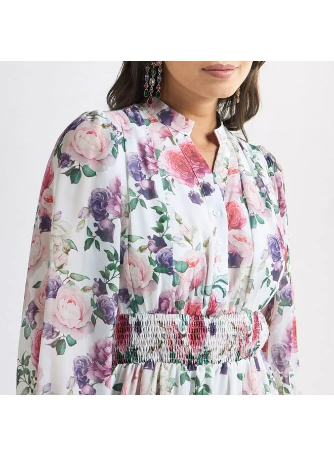 Splash FAV All-Over Floral Print A-line Dress with Seersucker Detail and Mandarin Collar