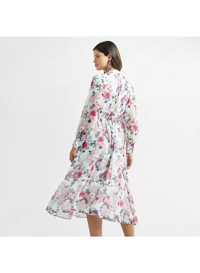 Splash FAV All-Over Floral Print A-line Dress with Seersucker Detail and Mandarin Collar