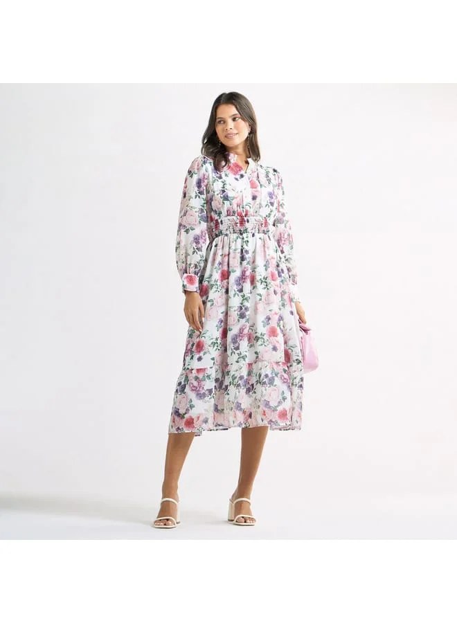 Splash FAV All-Over Floral Print A-line Dress with Seersucker Detail and Mandarin Collar