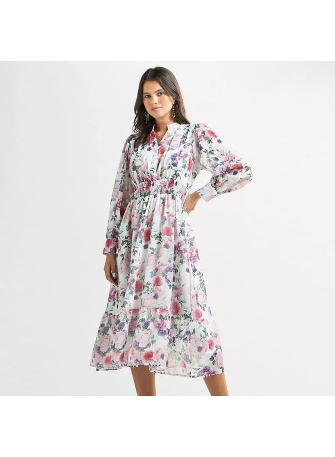 Splash FAV All-Over Floral Print A-line Dress with Seersucker Detail and Mandarin Collar