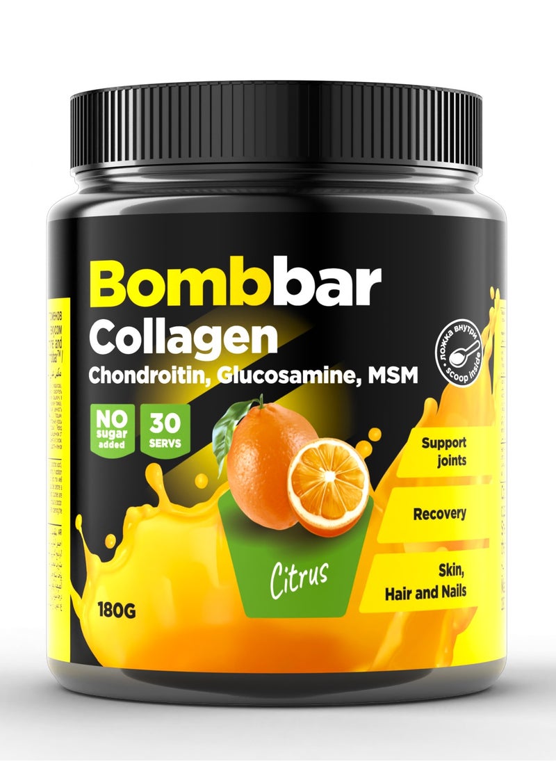 BOMBBAR Collagen with Chondroitin, Glucosamine and MSM Powder Dietary Supplement Citrus Flavour 180g 