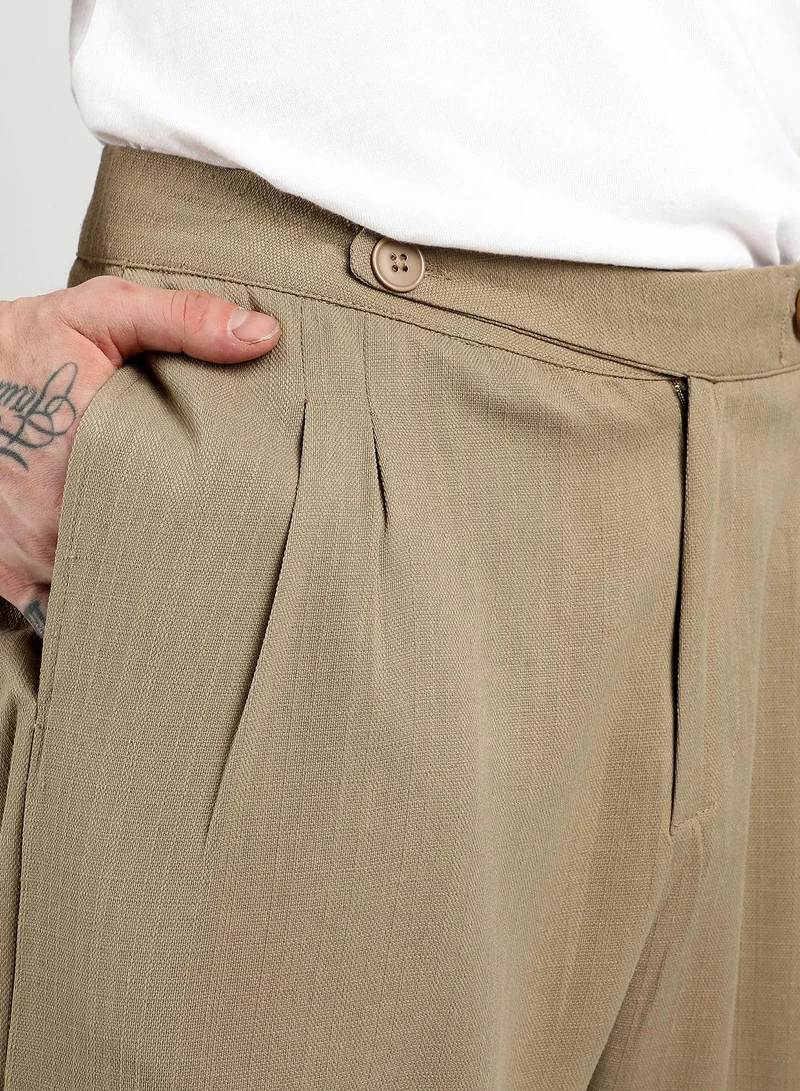 Campus Sutra Campus Sutra Men's Khaki Brown Tailored Linen-Blend Trousers For Casual Wear | 4 Pockets | Tailored-Fit | Button Closure | Trousers Crafted With Comfort Fit For Everyday Wear