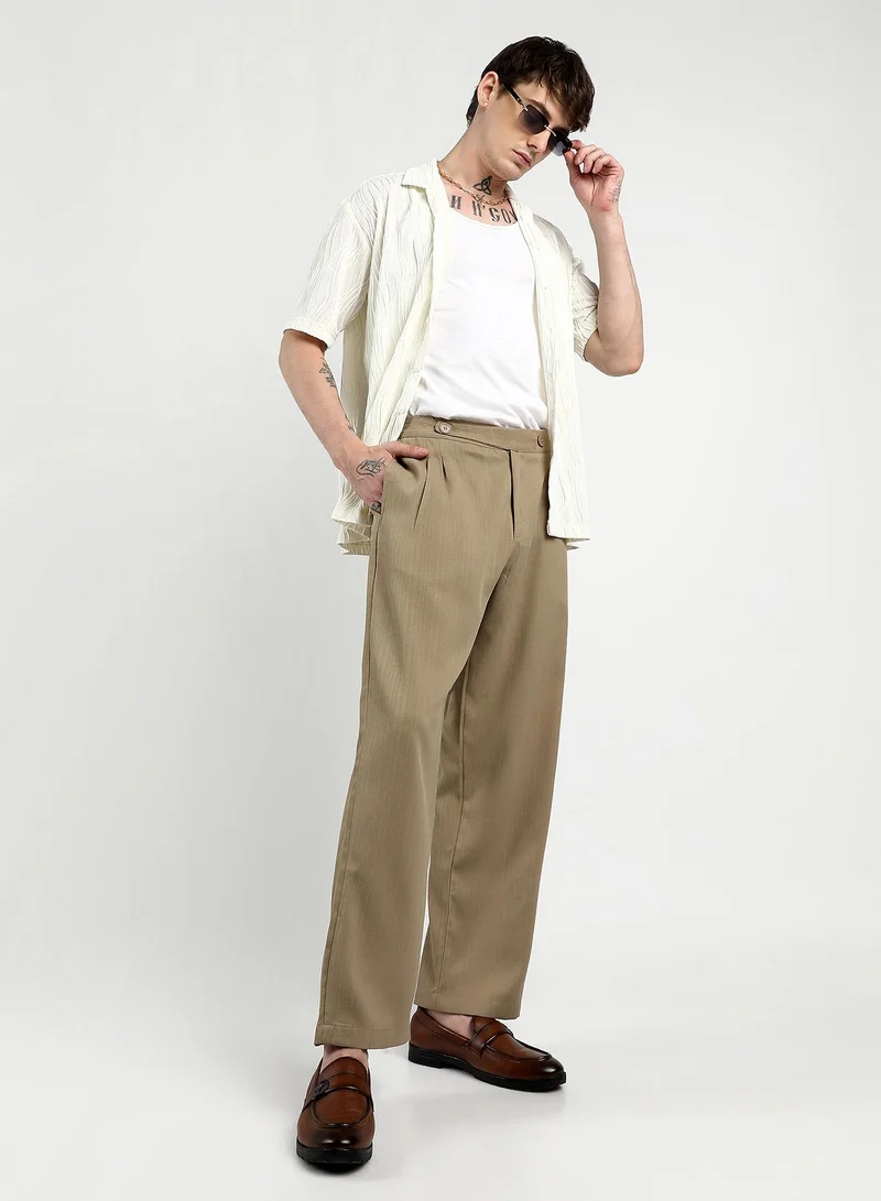 Campus Sutra Campus Sutra Men's Khaki Brown Tailored Linen-Blend Trousers For Casual Wear | 4 Pockets | Tailored-Fit | Button Closure | Trousers Crafted With Comfort Fit For Everyday Wear