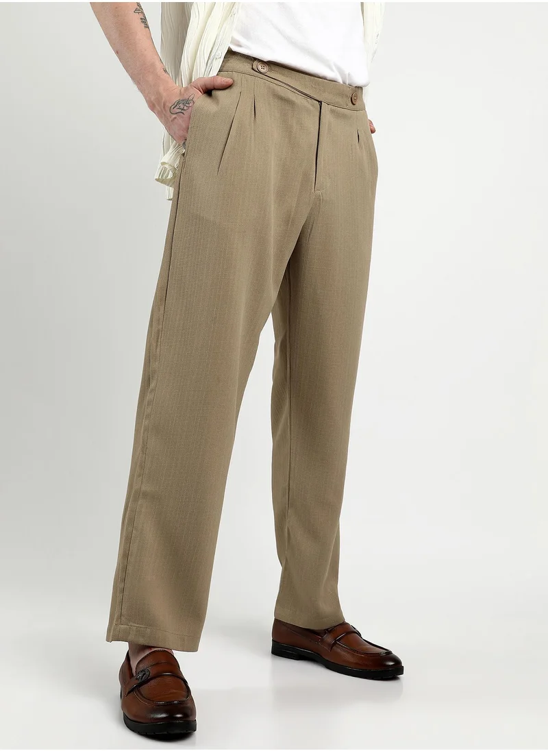 Campus Sutra Men's Khaki Brown Tailored Linen-Blend Trousers