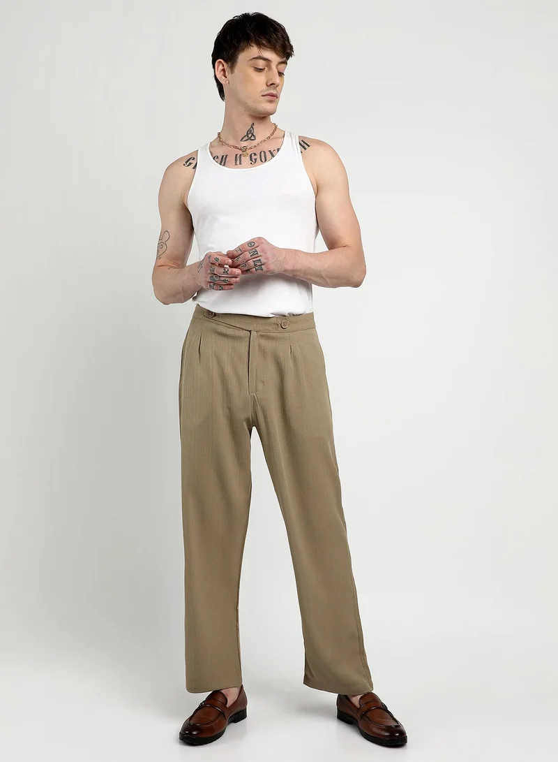 Campus Sutra Campus Sutra Men's Khaki Brown Tailored Linen-Blend Trousers For Casual Wear | 4 Pockets | Tailored-Fit | Button Closure | Trousers Crafted With Comfort Fit For Everyday Wear