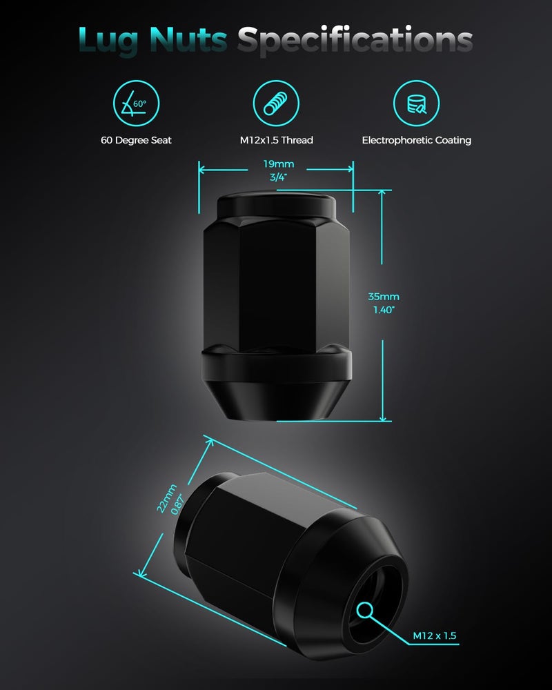 ZOFFI M12x1.5 Lug Nuts - Replacement for Ford Fusion, Focus, Escape Aftermarket Wheel - 20pcs Black Closed End Conical Seat 19mm Hex Lug Nuts - Image 2