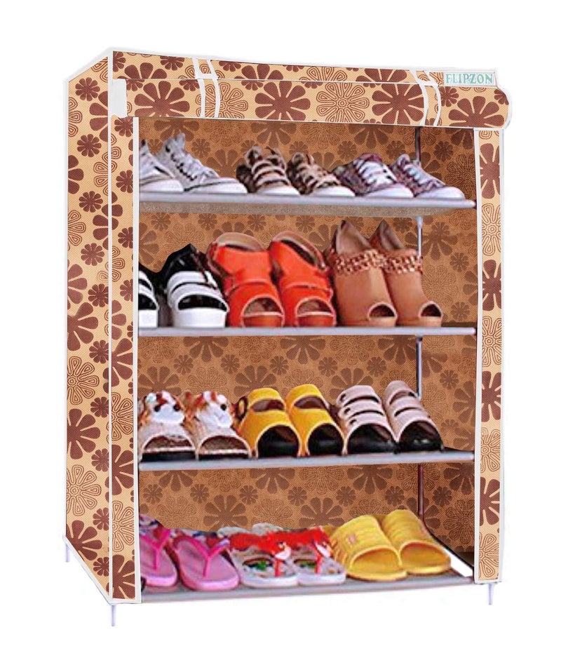 FLIPZON Multipurpose 4-Tiers Shoe Rack with Dustproof Zip Cover, Multiuse Wide Space Storage Rack made by Non Woven Fabric for footwear, Toys, clothes (4 Shelves) (Beige) - Image 1
