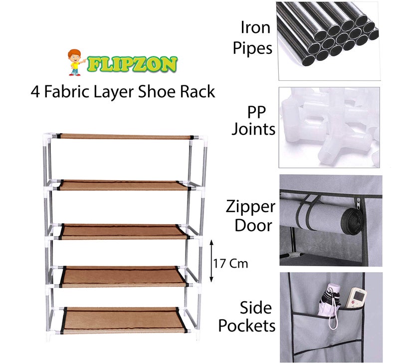 FLIPZON Multipurpose 4-Tiers Shoe Rack with Dustproof Zip Cover, Multiuse Wide Space Storage Rack made by Non Woven Fabric for footwear, Toys, clothes (4 Shelves) (Beige) - Image 3